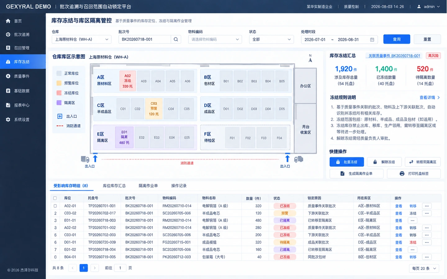 GEXYRAL DEMO 库存冻结与库区隔离管控界面，展示库区、库位、托盘、关联批次、冻结数量、待隔离数量和隔离作业操作。