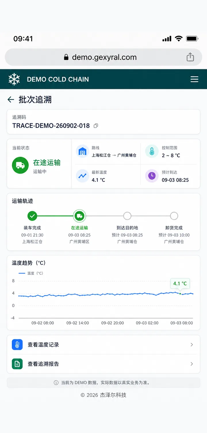 冷链物流 DEMO 手机端批次追溯页面，展示运输节点与最近温度