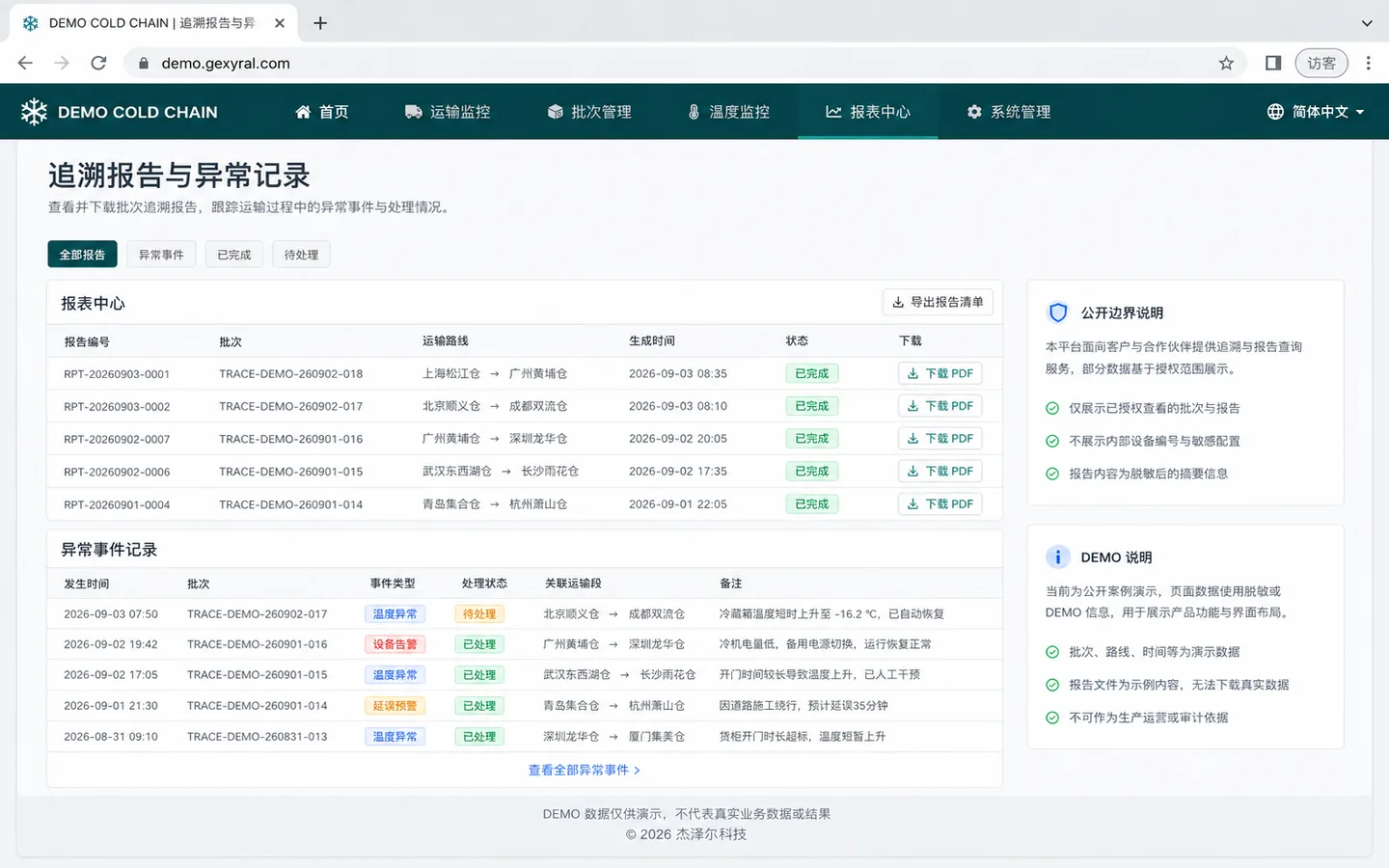 冷链物流 DEMO 报告中心，展示批次报告、异常事件与公开边界