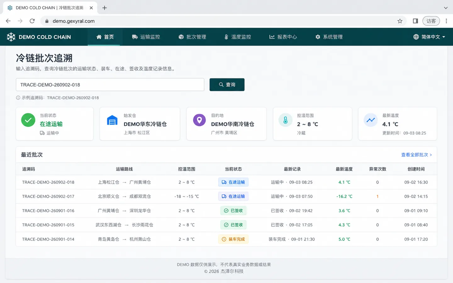 冷链物流 DEMO 批次追溯门户，展示追溯码、线路、温控范围与最近批次