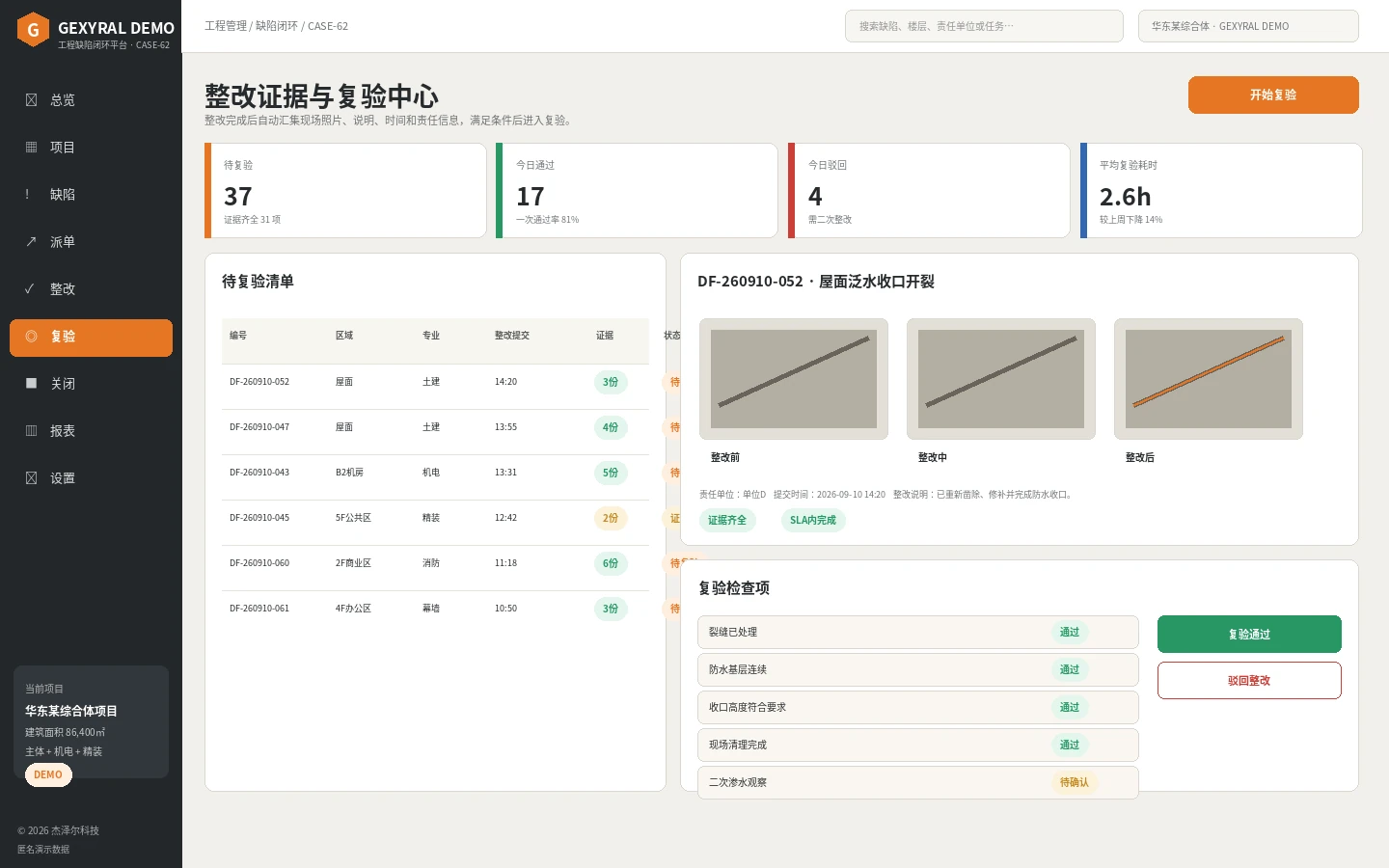 GEXYRAL DEMO 工程复验中心，展示待复验清单、整改前中后证据、复验检查项、通过与驳回操作。