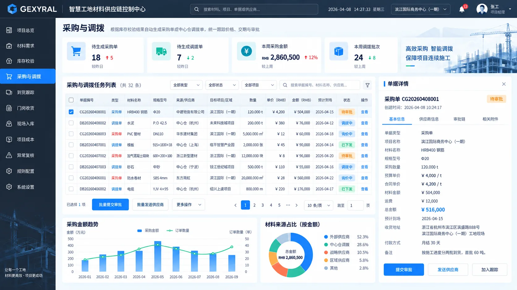 GEXYRAL DEMO 智慧工地采购与调拨页面，固定左侧菜单，高亮采购与调拨，展示采购单、调拨单、供应商、RMB 单价、金额、到场计划与审批状态。