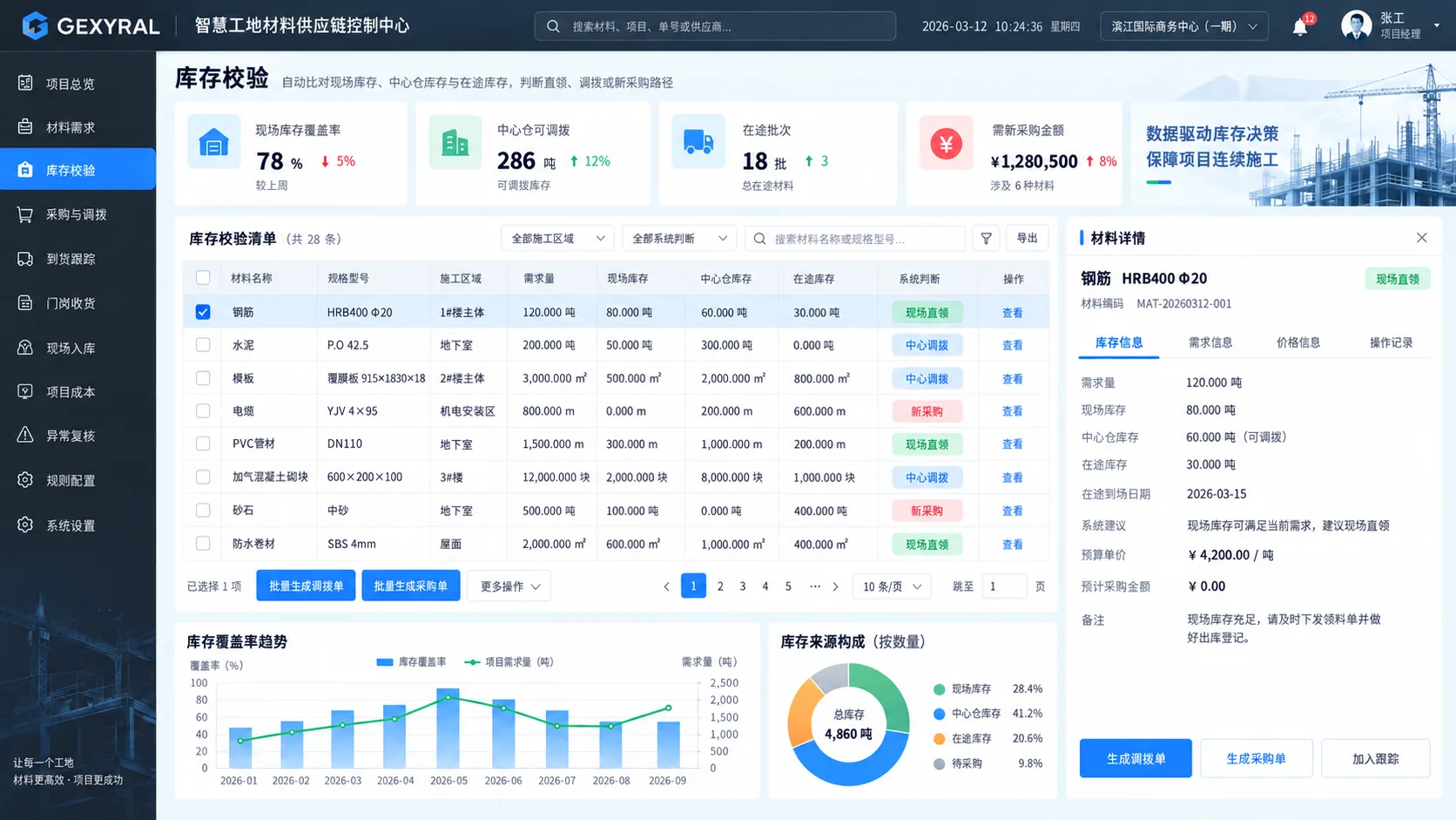GEXYRAL DEMO 智慧工地库存校验页面，固定左侧菜单，高亮库存校验，展示现场库存、中心仓库存、在途库存和系统自动决策。