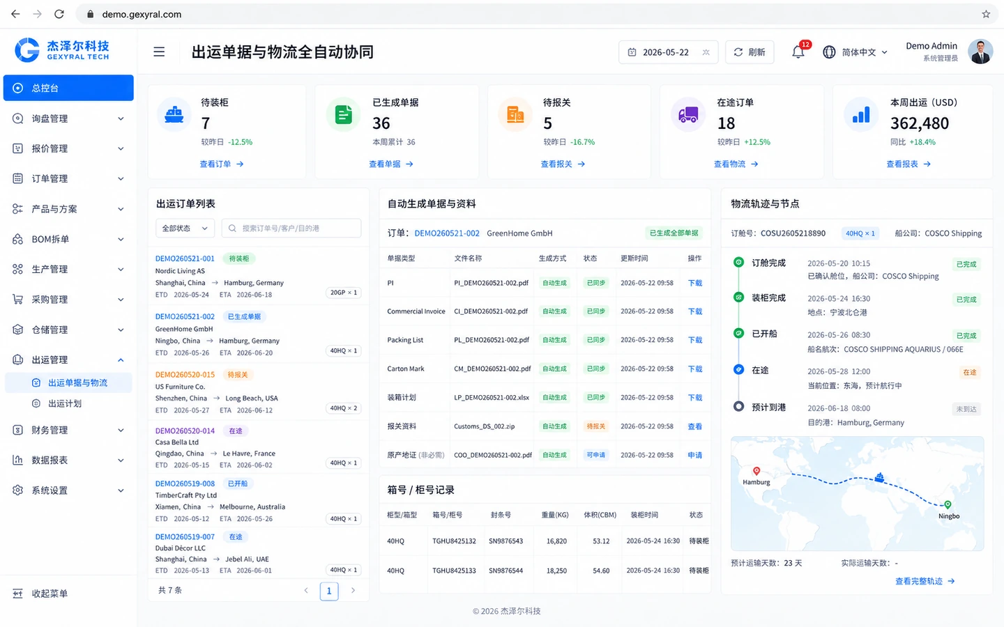 定制家居外贸 DEMO 出运协同界面，展示 PI、Commercial Invoice、Packing List、报关资料、箱柜信息和国际物流轨迹。