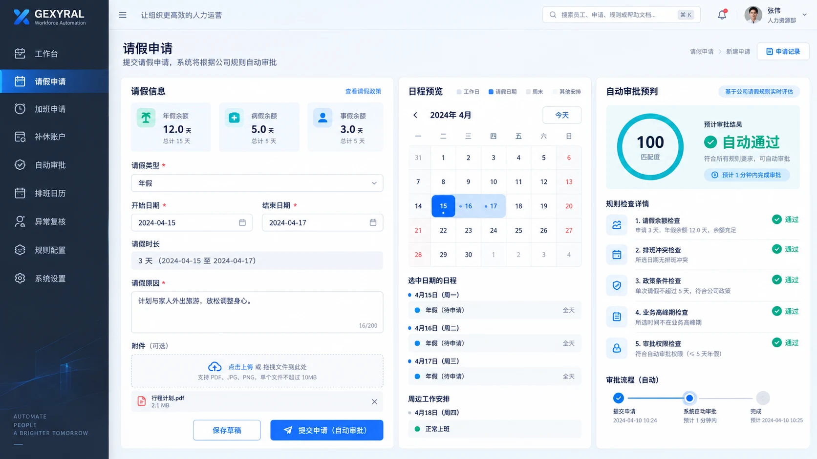 GEXYRAL DEMO 请假自动审批界面，展示假期余额、申请日期、排班日历、规则校验与自动通过结果。