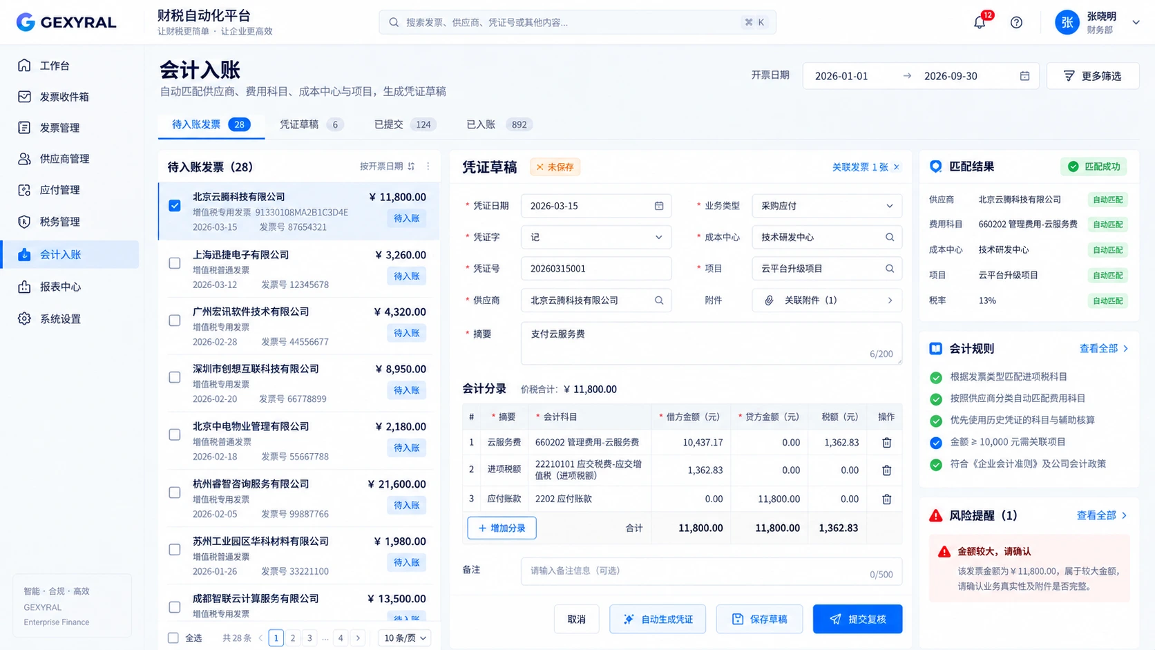 GEXYRAL DEMO 会计入账工作台，展示供应商、费用科目、成本中心、项目、进项税额与凭证草稿。