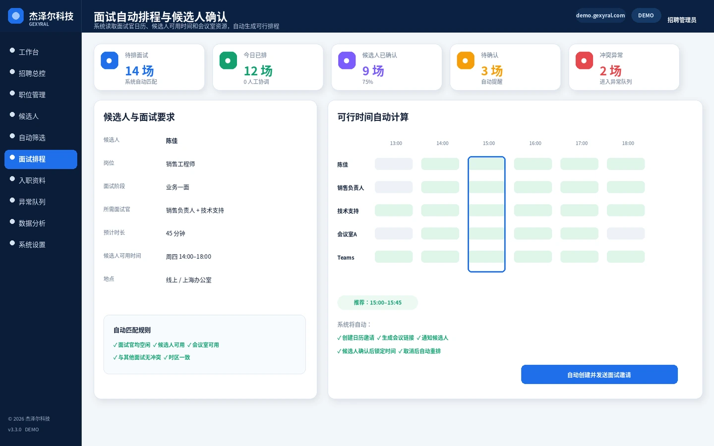 招聘自动化 DEMO 面试排程页面，展示候选人可用时间、面试官日历、会议资源和自动推荐时间。