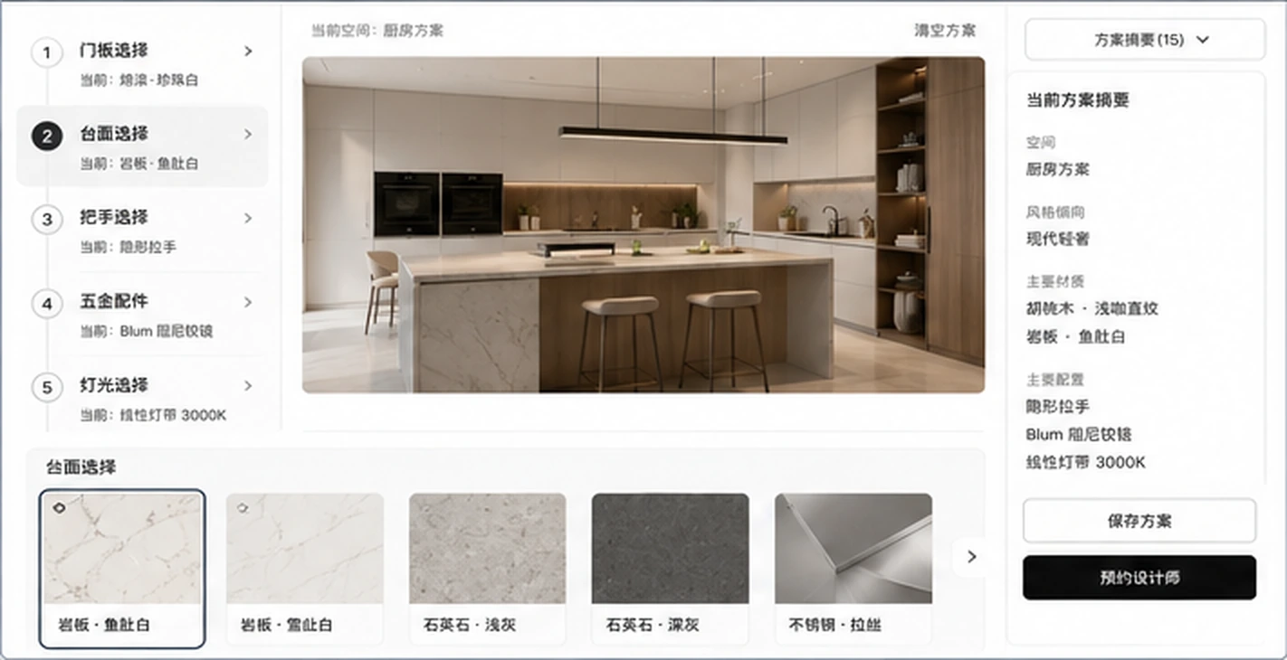 定制厨房方案配置界面，展示门板、台面、把手、五金和灯光等选择入口