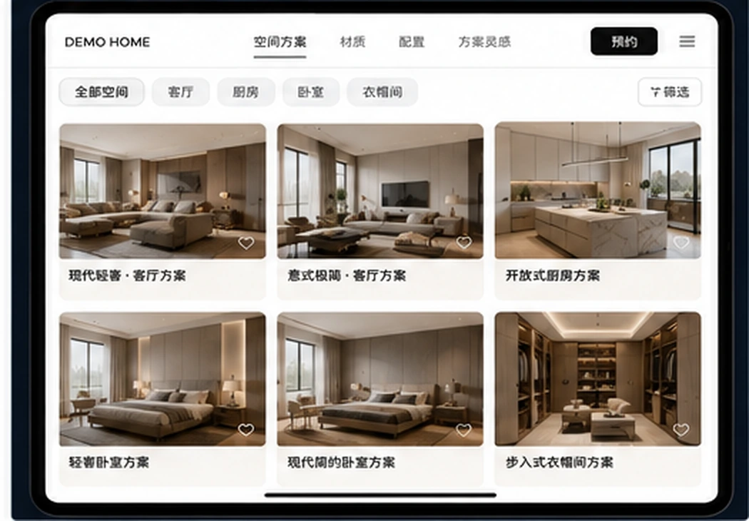 高端定制家居平板端方案图库，展示客厅、厨房和卧室等空间方案浏览