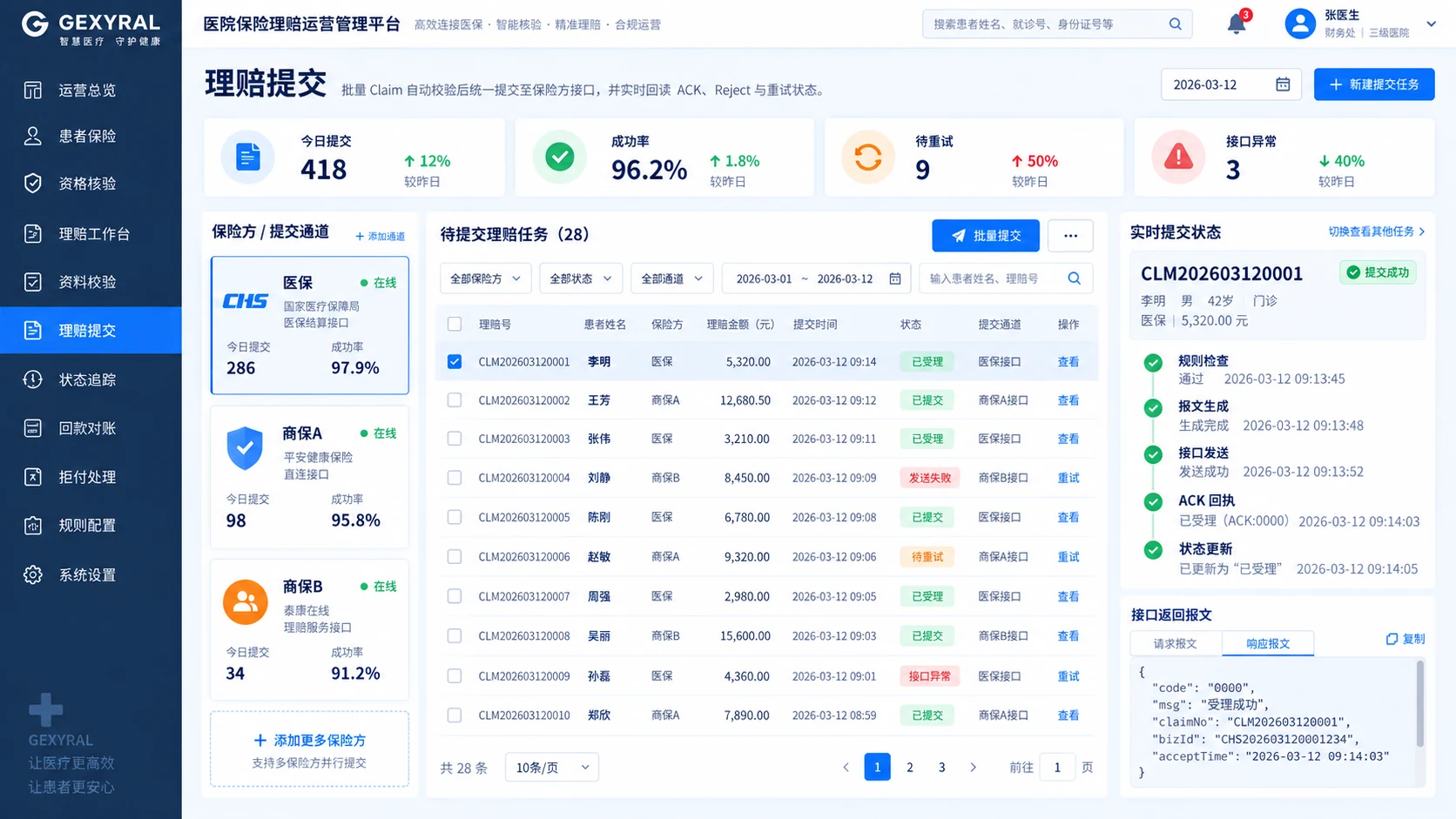 GEXYRAL DEMO 医疗理赔提交平台，展示保险方接口、Claim 批量任务、规则检查、接口发送、ACK 回执、失败重试和实时状态。