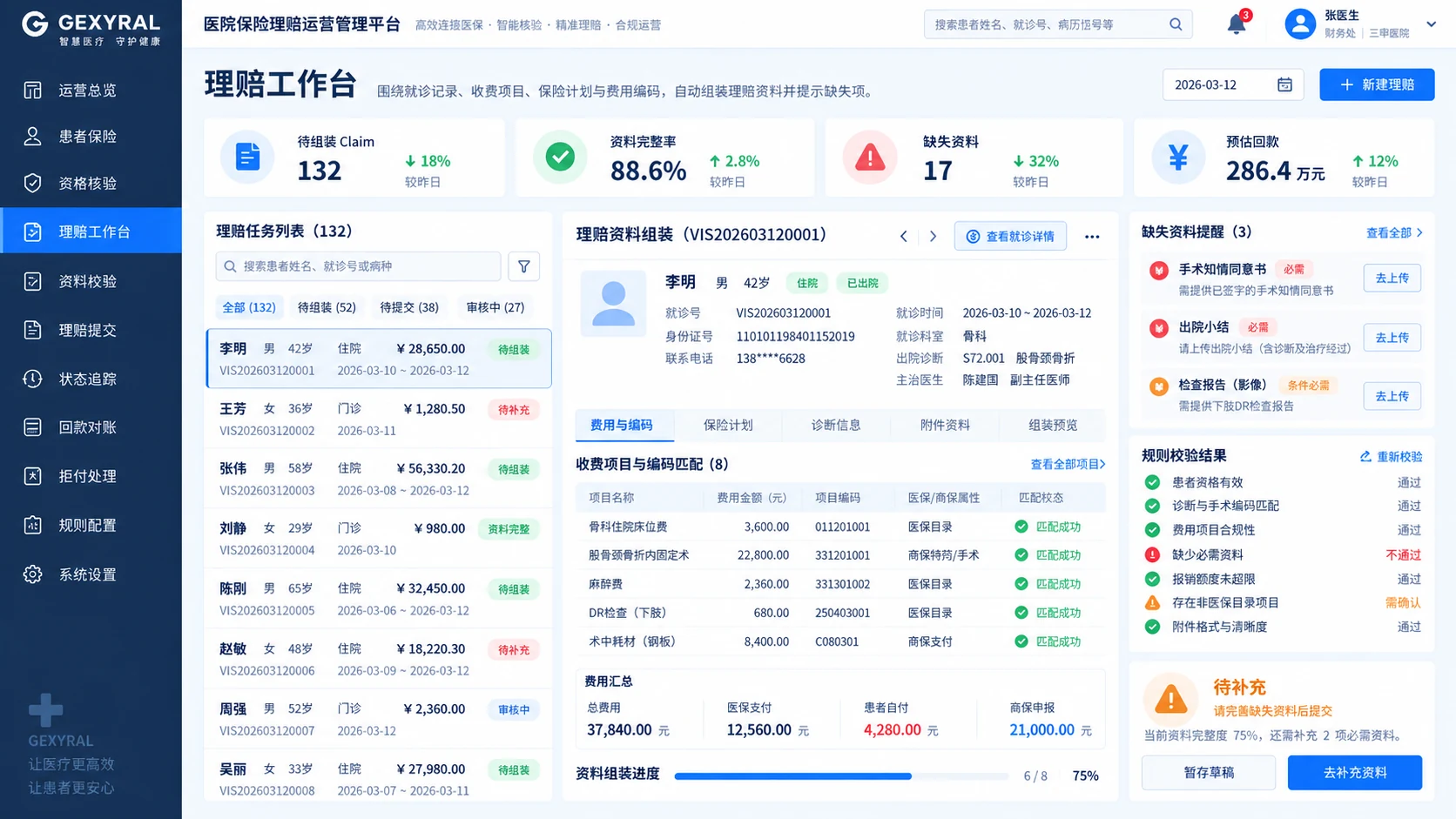 GEXYRAL DEMO 医疗理赔工作台，展示诊疗费用、费用编码、保险计划、必需资料、Claim 组装进度和缺失项校验。