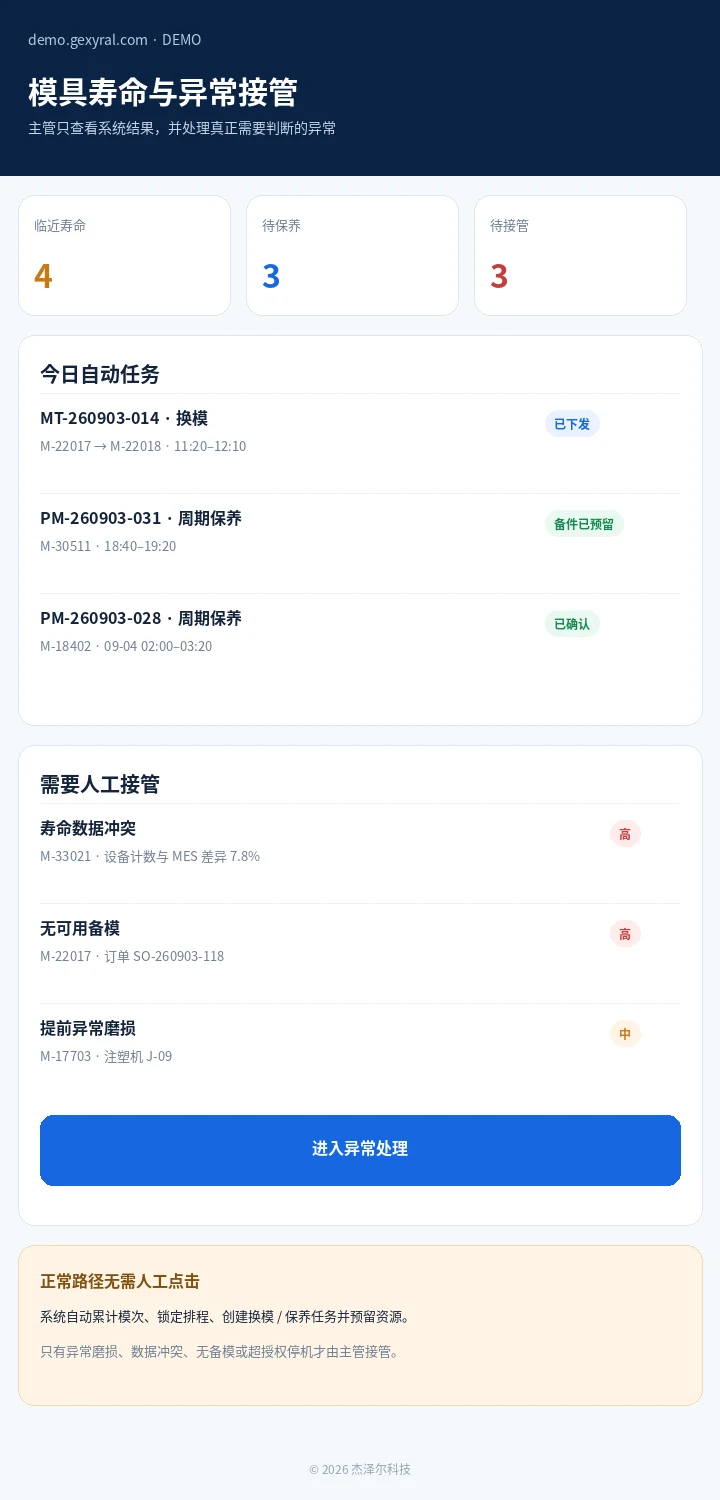 模具寿命自动化 DEMO 移动界面，展示模具寿命、任务状态、扫码完成和需要授权人员处理的异常。