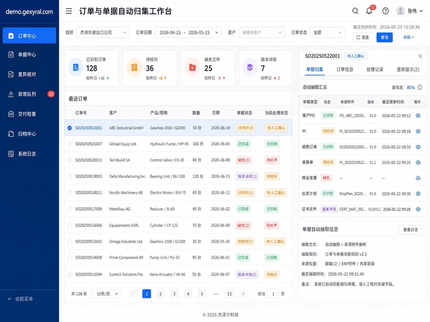 外贸订单单据半自动核对 DEMO 工作台，展示客户 PO、PI、销售订单、装箱单、商业发票、出货计划与文件状态