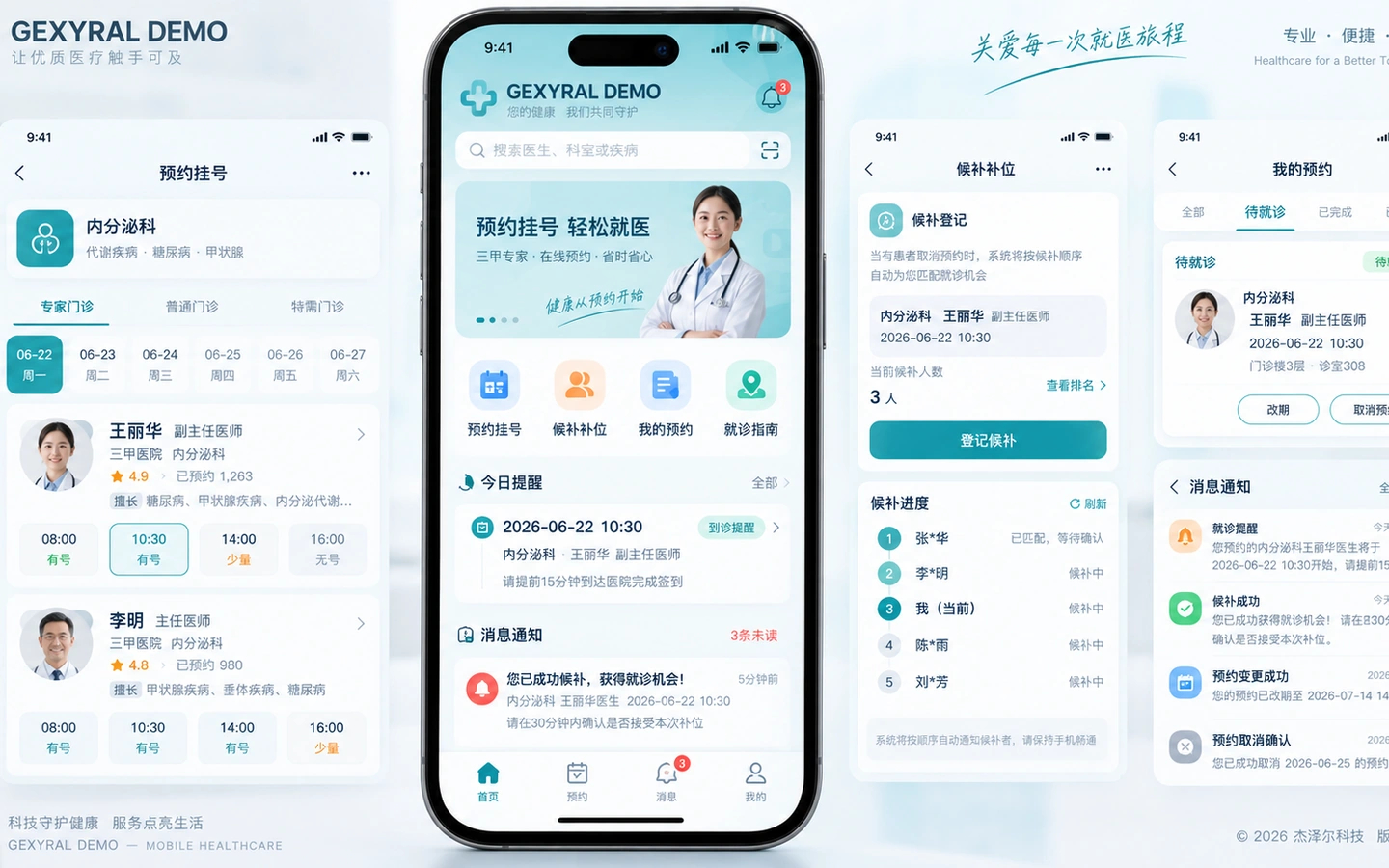 GEXYRAL DEMO 患者预约与候补移动端，展示医生选择、预约挂号、候补登记、候补进度、到诊提醒、改期与取消。