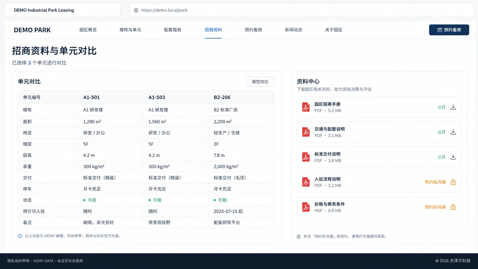 产业园区 DEMO 招商资料页面，展示单元对比和招商资料下载范围