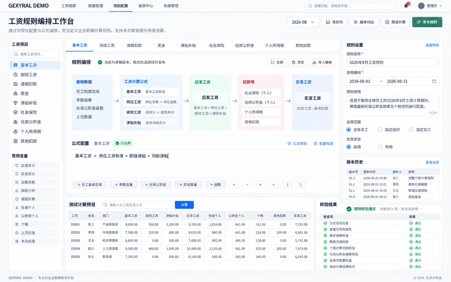 GEXYRAL DEMO 薪资规则编排工作台，展示基本工资、加班工资、奖金、补贴、社保、公积金、个税和其他扣款规则及测试计算。