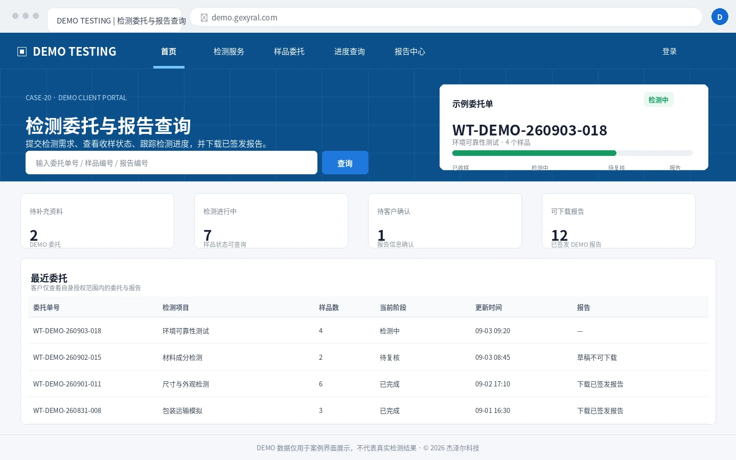 第三方检测机构 DEMO 客户委托与报告查询门户，展示样品委托、进度查询、报告下载和服务入口