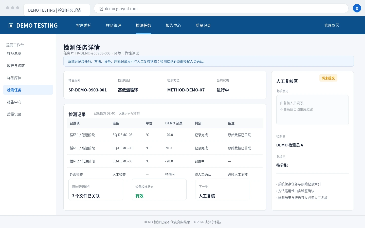 第三方检测机构 DEMO 检测任务、检测方法、设备安排、人工结果录入和复核状态界面