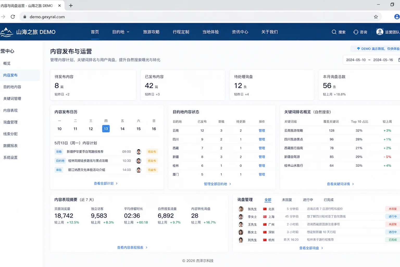 DEMO 页面界面，站点名称统一为 DEMO，域名统一为 DEMO.GEXYRAL.COM。