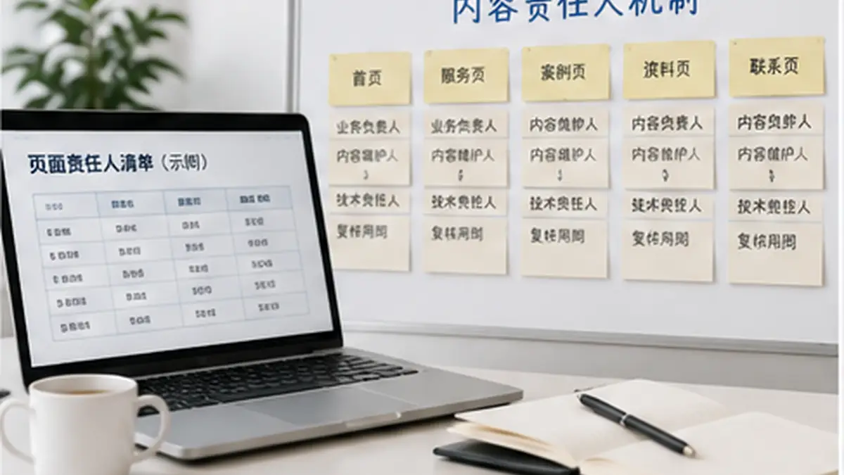 企业团队在项目会议中梳理首页、服务页、案例和资料页面的业务负责人、内容维护人与复核周期