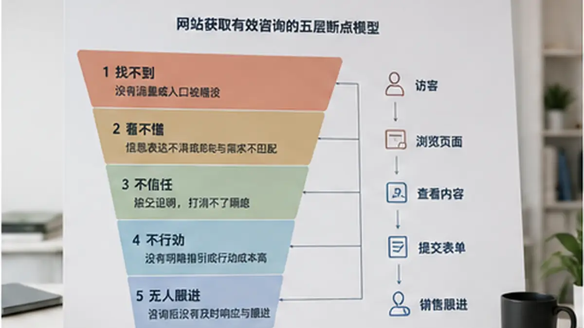 企业团队分析从搜索进入网站、理解内容、建立信任、提交咨询到后续跟进的完整获客路径