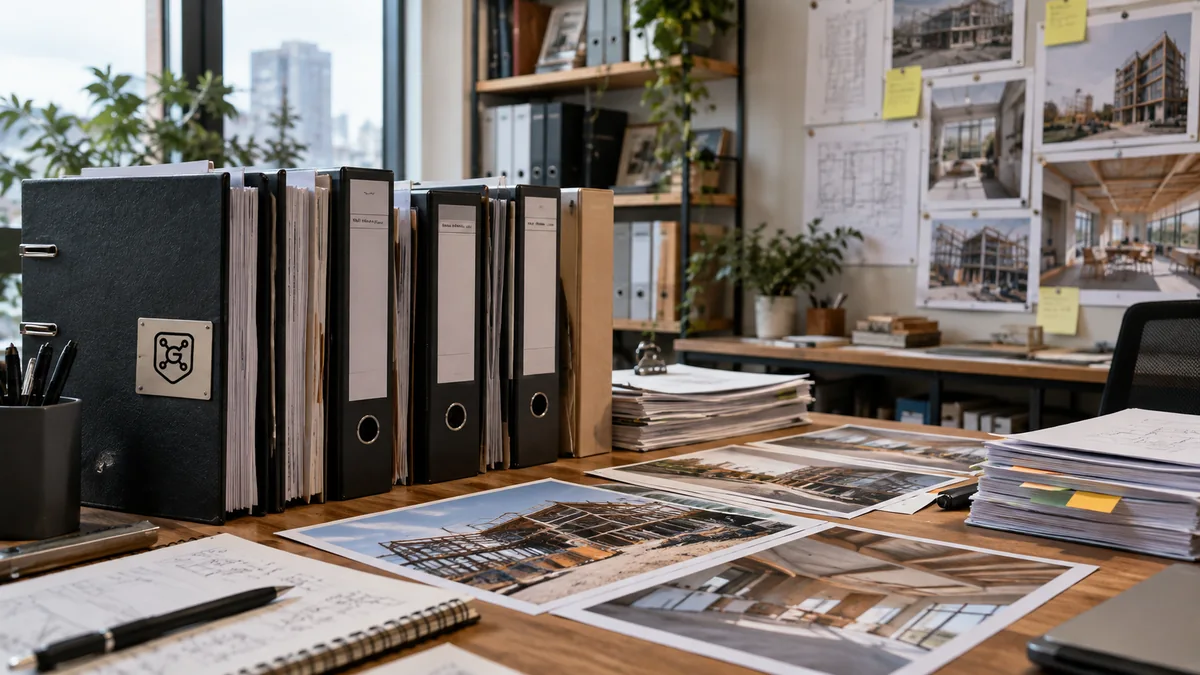 建筑设计工作室中逐年归档的项目资料、施工照片与实体档案夹，体现案例长期积累