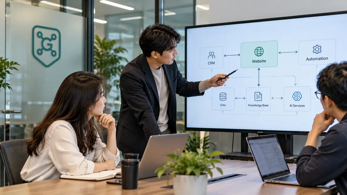 团队讨论官网、CRM、数据和AI服务的安全接口